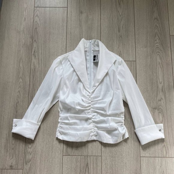 Tadashi Shoji Tops - Tadashi Ruched Zip Back Collared Pin Tuck Top Women's White Cuff Sleeves Solid